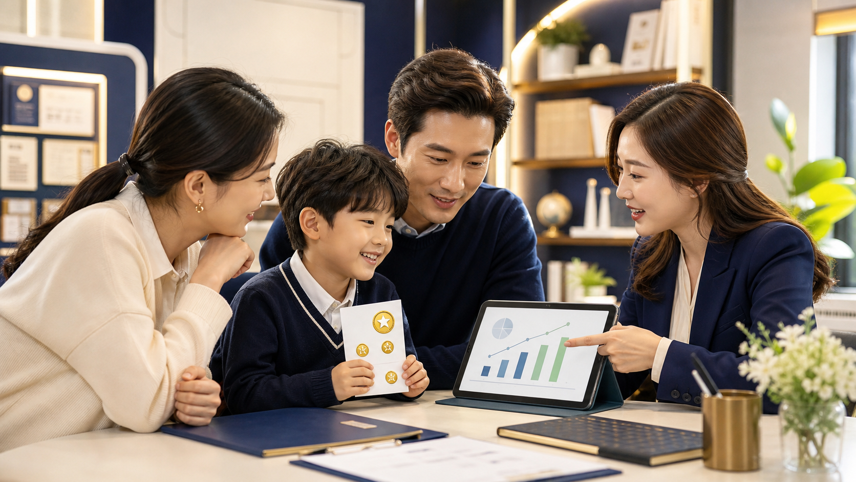 교사와 학부모, 아이가 성장 리포트를 함께 보는 장면