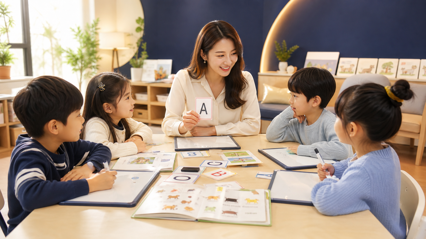 선생님과 아이들이 파닉스 카드와 책으로 수업하는 장면